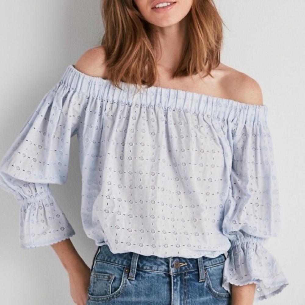 Weightless Eyelet Off-Shoulder Top (Light Blue)